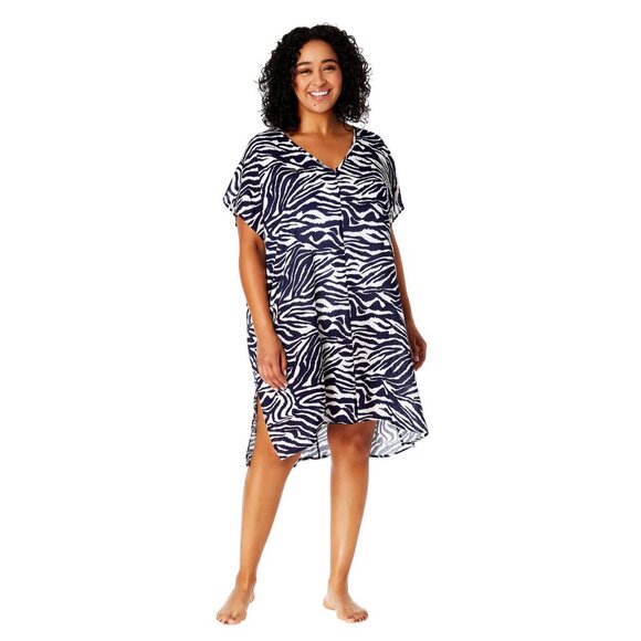 NEW Anne Cole Womens Plus Size Zebra-Print Swim Cover Up Tunic Navy / White L/XL - Picture 3 of 7